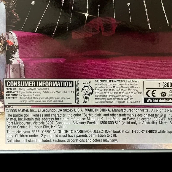 Vintage 1998 Happy Holidays Barbie with Pink and Black Dress New in Box - Picture 5 of 6